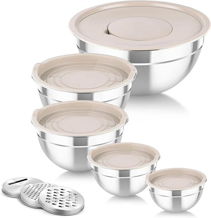 TeamFar Mixing Bowls with Airtight Lids, 5PCS Stainless Steel Metal Salad Bowl with 3 Grater Attachments, for Cooking, Prepping, Serving, Healthy & Easy Clean - 0.7/1/1.5/2.6/4.6QT, Khaki by TeamFar
