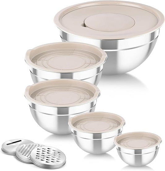 TeamFar Mixing Bowls with Airtight Lids, 5PCS Stainless Steel Metal Salad Bowl with 3 Grater Attachments, for Cooking, Prepping, Serving, Healthy & Easy Clean - 0.7/1/1.5/2.6/4.6QT, Khaki by TeamFar