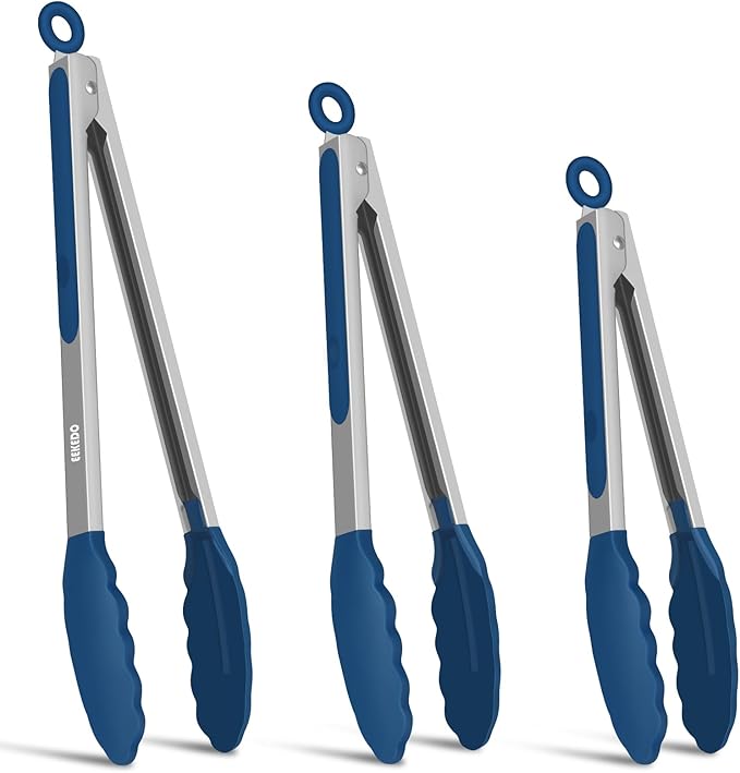 Kitchen Tongs, Stainless Steel Cooking Tongs with Silicone Tips, 600ºF High Heat-Resistant Non Scratch Locking Tongs for Cooking BBQ Grilling Air Fryer Pans, Set of 3 (7" 9" and 12") Navy Blue by EEKEDO