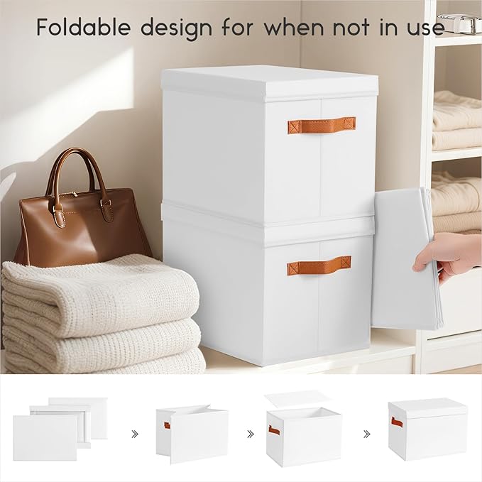 Homsorout Storage Bins with Lids - Fabric Storage Baskets for Shelves, 6 Pack Foldable Decorative Boxes with Handles, Stackable Organizer Bins for Home, Nursery, Dorm, White