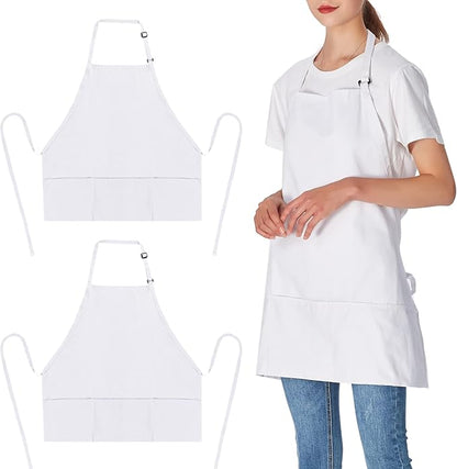Jubatus 2 Pack 3 Pockets 100% Cotton Adjustable Bib Apron Chef Kitchen Cooking Aprons for Women Men, White by Jubatus