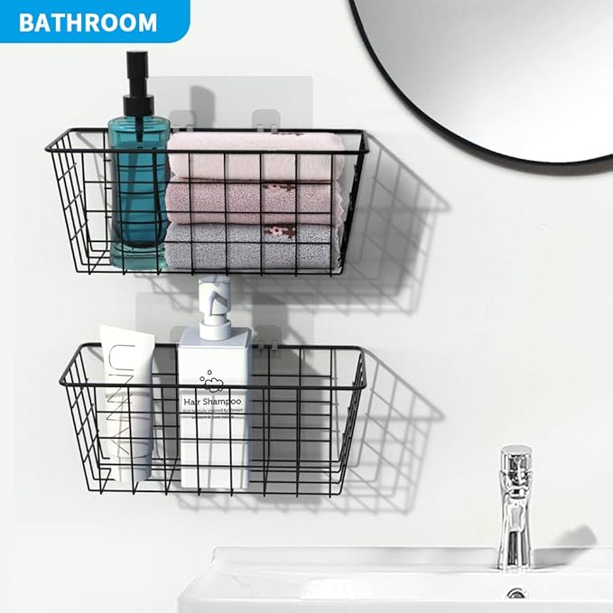 MaraFansie Hanging Kitchen Baskets Wire Storage Basket Over the Cabinet Door Organizer, No Drilling Adhesive Basket for Cabinet Pantry Organization and Kitchen, Bathroom, Storage, 2 Pack, Black - Image 5