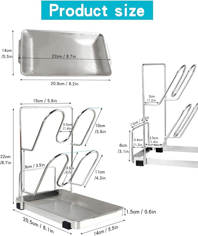 YQh pot lid holder,Two-compartment Stainless Steelcooking rack,pot lid holder while cooking,spoon rest with lid holder,spatula holder for counter,stove top shelf spoon and lid rest,pot lid organizer - Image 2