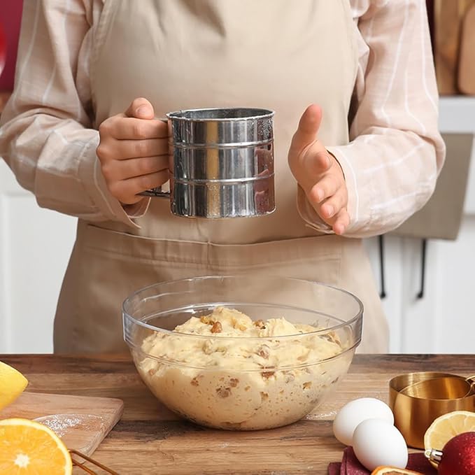 Silver Flour Sifter Baking Tool Set, DLAND Stainless Steel 4-Piece Kit with 10" Whisk, Dough Scraper & 5 Measuring Spoons, Mirror Polished, Easy to Clean, for Cake Bread Cookie Prep