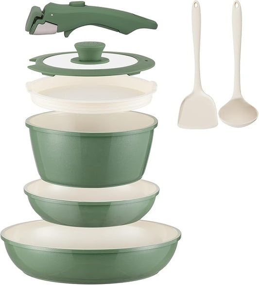 Ceramic Cookware Set Non Stick 8Pcs Pots and Pans Set Detachable Handle Induction Kitchen Cooking Set with Frying Pans Oven Dishwasher Safe, PFAS/PFOA Free, Forest Green by COICUR