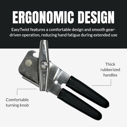 EasyTwist Heavy-Duty Manual Swing Away Can Opener with Carbon Steel Cutting Blade by B53 – Made in the USA – Comfortable Grip, Smooth Operation, Rust-Resistant, Ideal for Home or Commercial Kitchens
