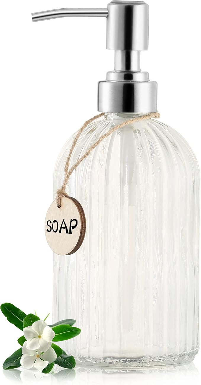 MOCLIF 16 OZ Soap Dispenser，Tempered Glass Clear Vertical Stripe with 304 Rust Proof Stainless Steel Pump Refillable Liquid Hand Soap Dispenser，for Bathroom, Kitchen, Dish Soap，Lotion (Clear) by MOCLIF