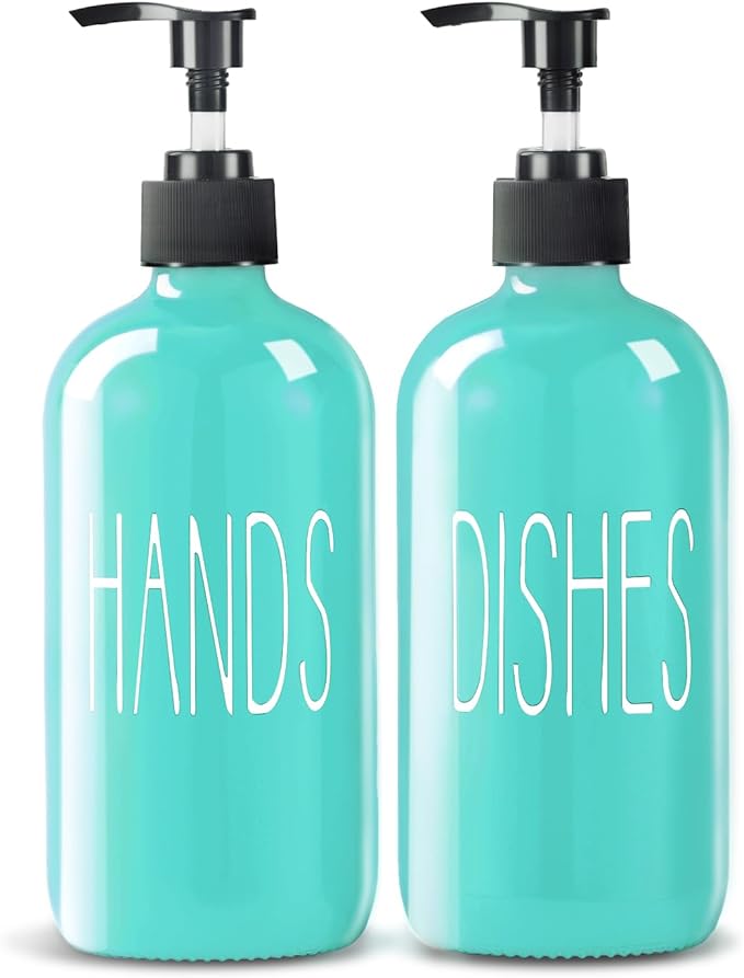 COHOSEGE Glass Soap Dispenser Set 2 Pack,16 Oz Dish Soap Dispenser for Kitchen Sink,Teal Kitchen Accessories and Kitchen Decor,Turquoise Decorations and Kitchen Utensils for Kitchen by COHOSEGE