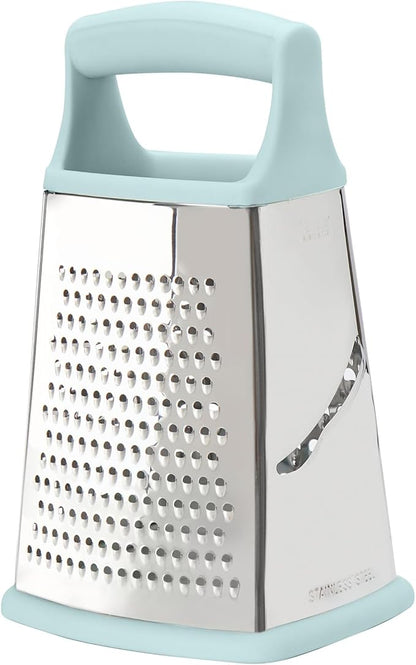Tovolo Box Grater 4 Sided Large Stainless Steel Cheese Grater for Shredding Vegetables and Zesting, Easy to Clean Dishwasher Safe Box Grater with Ergonomic Handle and Non Slip Base, Blue Haze