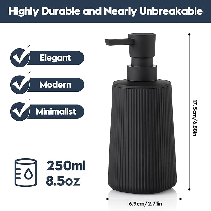 Small Soap Dispenser for Bathroom and Kitchen, Modern Farmhouse Striped Style Plastic Hand Soap Dish Soap Dispenser with Pump Matte Black - Image 6