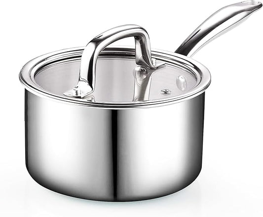 Cook N Home Stainless Steel Sauce Pan with Lid, 1.5 Quart Tri-Ply Full Clad Small Kitchen Pot, Dishwasher & Oven Safe, Induction Compatible Cookware by CookNHome