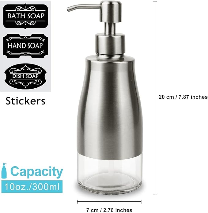AUMIO Soap Dispenser with Non-Slip Silicone Pad, 2 Pack Kitchen Dish Refillable Liquid Dispensers, Hand Soap Dispenser for Bathroom, Stainless Steel Case Glass Liner Hand Pump Dispenser Silver & Black - Image 4