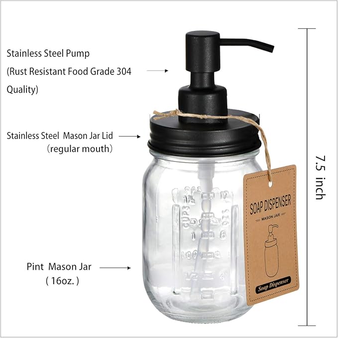 Amolliar Mason Jar Liquid Soap Dispenser, 16OZ Refillable Glass Soap Dispenser for Bathroom, Hand Soap, Dish Soap, Lotion Dispenser for Kitchen, Farmhouse Decor, Soap Pump Bottle, Black 2 Pack - Image 5