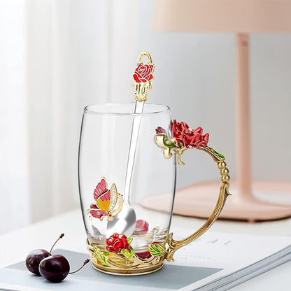 OEAGO Gifts for Women Mom Mothers Tea Cup Best Birthday Butterfly Rose Gifts for Her from Daughter Son Glass Coffee Christmas Enamels Mug Lead-Free with Spoon Set - Image 4