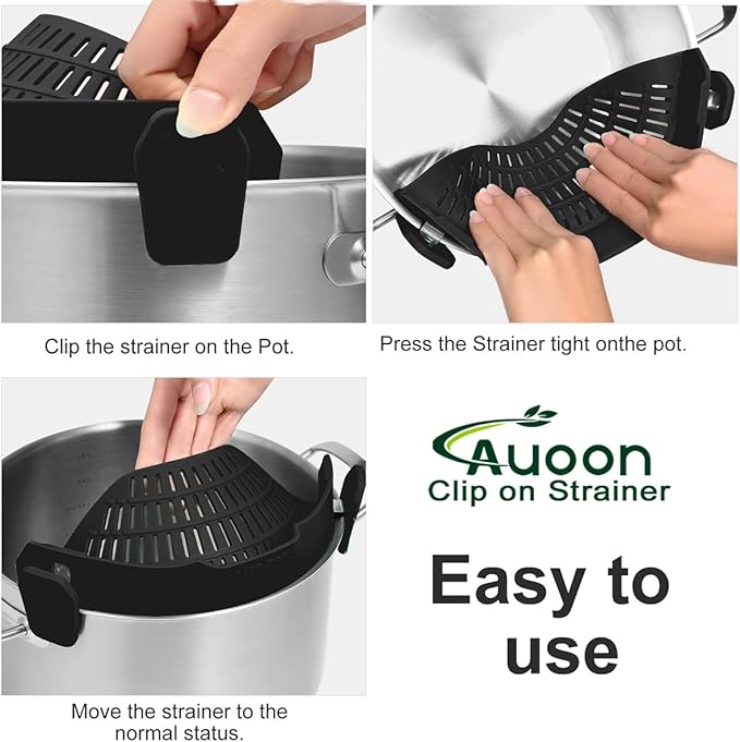Large AUOON Clip on Strainer for All Pots and Pans - Oversized Silicone Pot Strainer Family-Style Design Pasta Strainer Kitchen Colander for Spaghetti and Noodles | Dishwasher Safe - Image 4