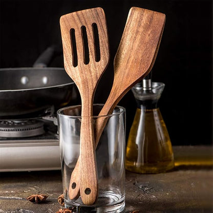 7 Pcs Acacia Wood Cooking Utensils Set Large Wooden Spoons for Cooking Spatula Salad Mixing Spoon Non Toxic Utensil for Kitchen Use Spatulas Non Stick Turner Slotted Serving Spoon Kitchen Utensils - Image 9