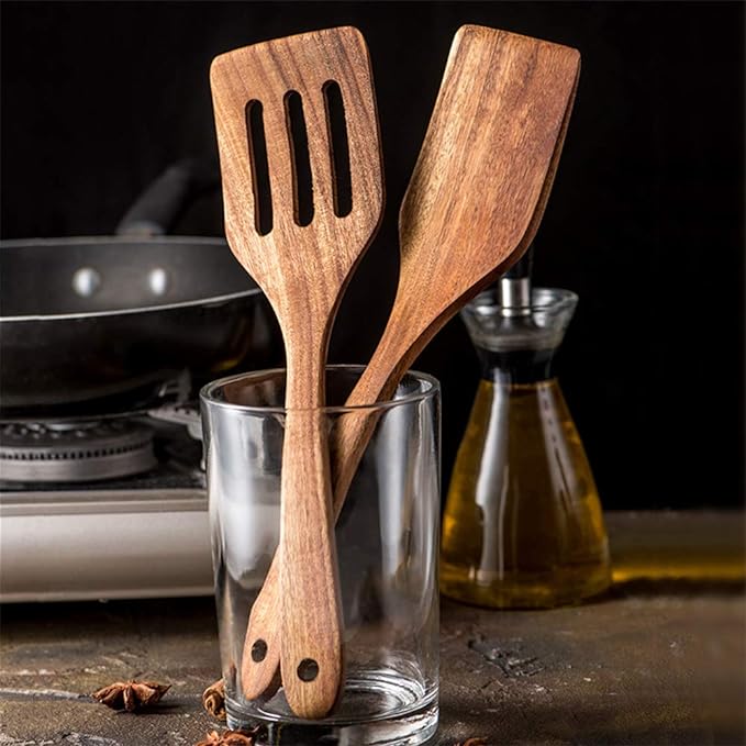 5 Pcs Best Wooden Spoons for Cooking Kitchen Utensils Set Acacia Wood Cooking Spatula Turner Non Toxic Utensil Slotted Serving Spoon Flat Spatulas Set Wooden Utensis Mixing Cooking Spoon Kitchen Tools - Image 6