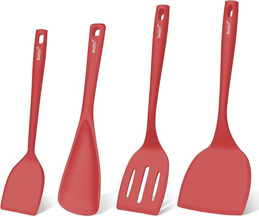 Beijiyi Silicone Spatula Set of 4, 600°F Heat Resistant, BPA Free Kitchen Spatula and Spoons for Nonstick Cookware, Solid & Slotted Turner Cooking Utensils for Serving, Flipping Egg, Pancakes (Red)