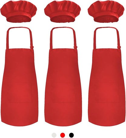 Novelty Place Kid's Apron with Chef Hat Set (3 Set) - Children’s Bib with Pocket Skin-friendly Fabrics - Cooking, Baking, Painting, Training Wear - Kid's Size (6-12 Year, Red)