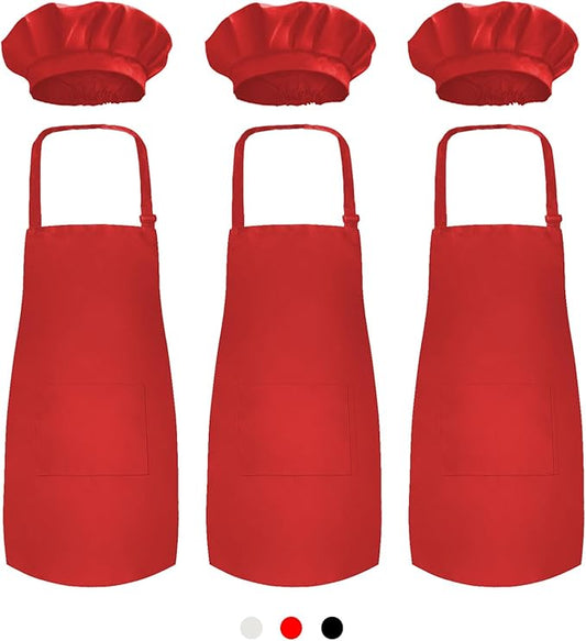 Novelty Place Kid's Apron with Chef Hat Set (3 Set) - Children’s Bib with Pocket Skin-friendly Fabrics - Cooking, Baking, Painting, Training Wear - Kid's Size (6-12 Year, Red)