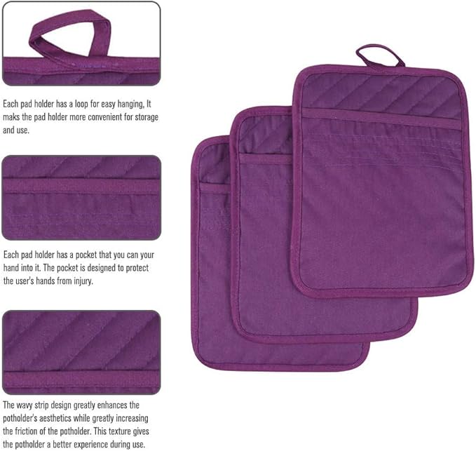 Anyi Pot Holders for Kitchen Heat Resistant, Cotton Hot Pads for Counter Table, Purple Kitchen Pot Holders with Pocket - Image 2