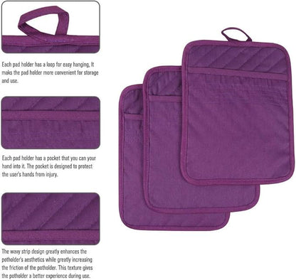 Anyi Pot Holders for Kitchen Heat Resistant, Cotton Hot Pads for Counter Table, Purple Kitchen Pot Holders with Pocket - Image 2