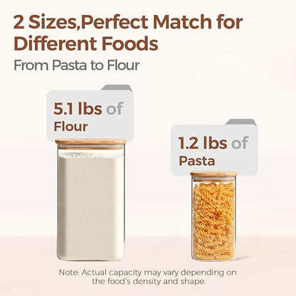 ComSaf Glass Pantry Storage Containers, 4.6Qt/1.6Qt Large Square Flour and Sugar Containers with Airtight Lids, 1.2 Gallon Glass Jars with Bamboo Lids for Rice, Pasta, Cookies, Coffee Beans