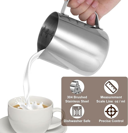 Milk Frothing Pitcher,Milk Steaming Frother Cup,Barista Cappuccino Latte Art Milk Jug with Decorating Pen,Stainless Steel Espresso Coffee Bar Accessories Tools (Silver, 20oz)