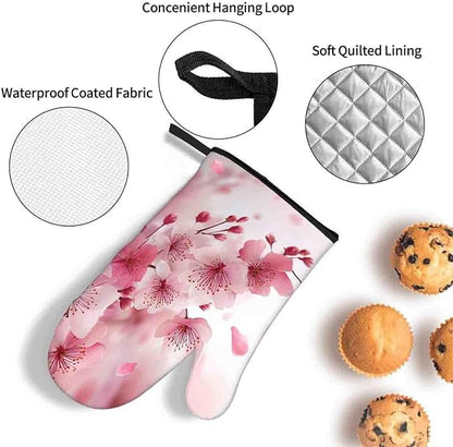 LOKMU Oven Mitts and Pot Holders Set of 3, Watercolor Pink Cherry Blossoms Flowers Heat Resistant Kitchen Gloves Hot Pads for Cooking Baking BBQ, Kitchen Decor Gifts for Cooking Lover Cooks