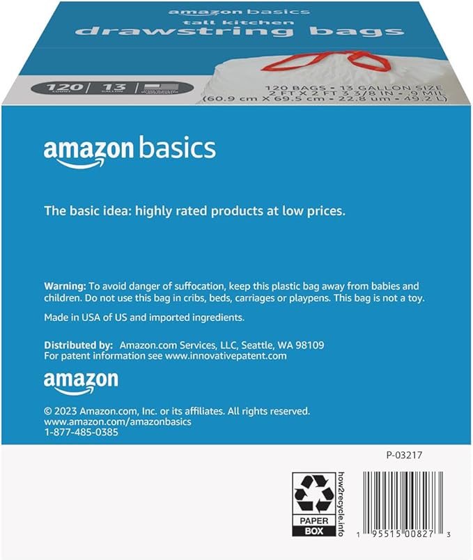 Amazon Basics Tall Kitchen Drawstring Trash Bags, Sturdy and Tear Resistant, 13 Gallon, Unscented, 120 Count - Image 2