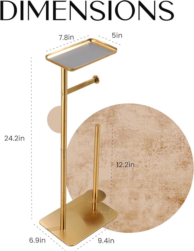 Day Moon™ - Toilet Paper Holder - Modern Roll Holder for Bathroom - 1 Pack - Free Standing - with Shelf, Gold - Image 5