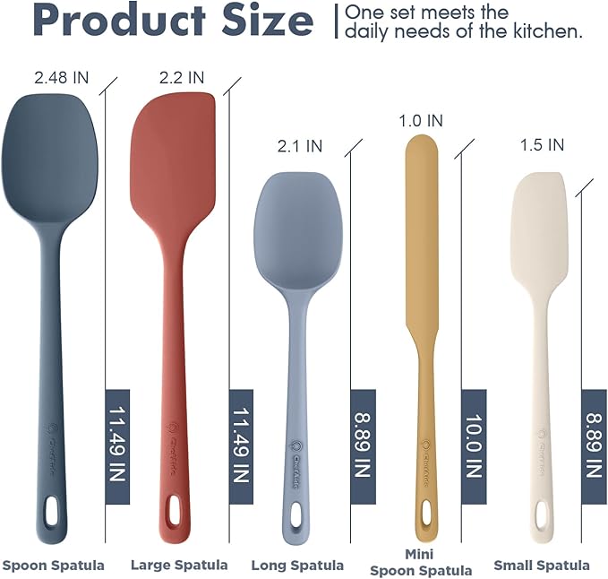 ChefAide 5 Pieces Silicone Spatula Set, Food Grade Rubber Spatula, Upgrade Strong Handle with Ergonomic Grip, Heat Resistant Up to 600°F for Nonstick Cookware, Cooking - Image 2