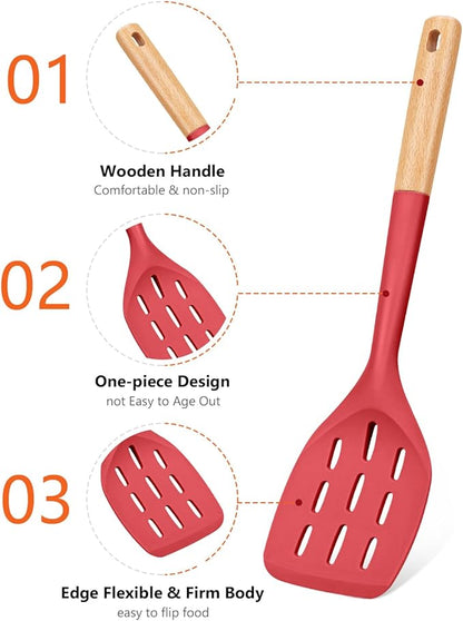 Pack of 2 Silicone Spatula, Non Stick Cooking Utensil Set Wooden Handle Kitchen Turner for Baking Mixing Grilling Serving Food Heat Resistant Non Scratch Hooks Included (Red) - Image 3
