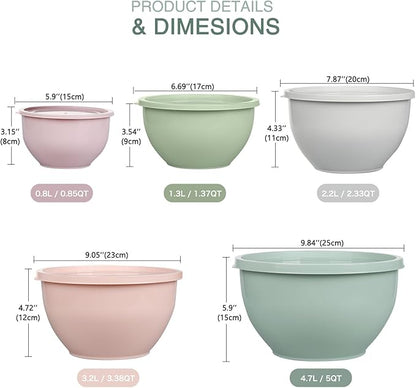 Greentainer Plastic Mixing Bowls with Lids Set for Kitchen, 5 Set Nesting Bowls for Mixing, Baking, Prepping, Cooking and Serving Food, Mixing Bowls Dishwasher, Microwave Safe - Image 2