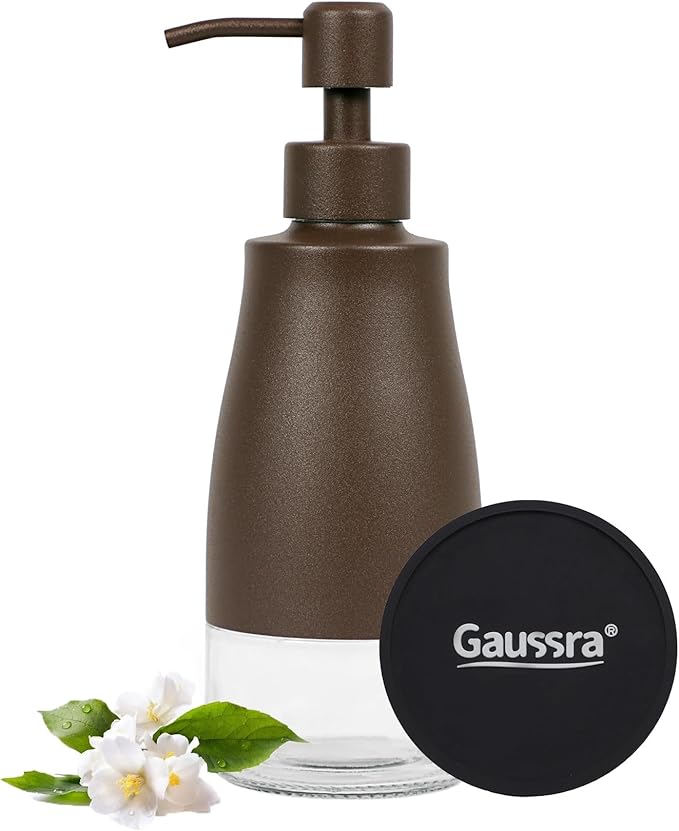 Gaussra Matte Brown Soap Dispenser with Coaster and Stickers, Stainless Steel and Glass Bottle Hand Pump Dispenser, Refillable Liquid Hand Soap Dispenser for Bathroom & Kitchen (11OZ / 320ML) by Gaussra