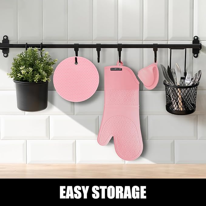 Rorecay 6pcs Oven Mitts and Pot Holders Sets for Kitchen, Extra Long Non-Slip Silicone Oven Gloves Heat Resistant 500 Degrees Potholders Hot Pads for Baking Cooking, Quilted Liner, Pink - Image 9