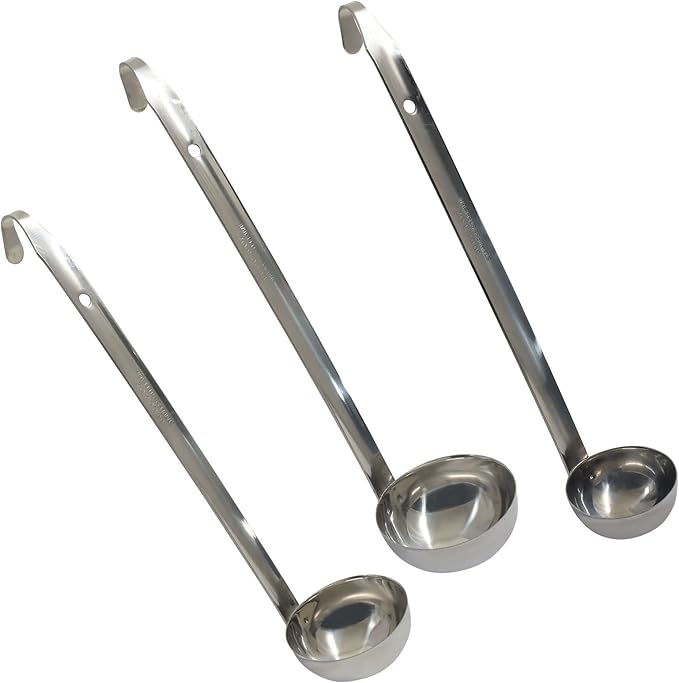 Hitefu 3 Pcs Stainless Steel Soup Ladle Set with Pouring Rim & Long Hooked Handles for Cooking, Serving Soup, Sauce, Stews (2 oz)