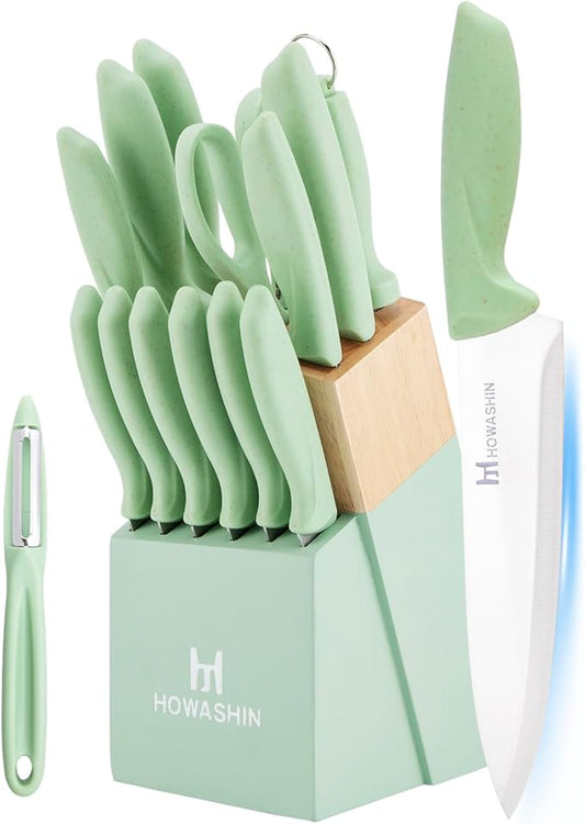 Green Knife Set, 15 Pcs Kitchen Knife Set with Block,High Carbon German Stainless Steel Knife Block Set, Hand wash Safe Knives Set