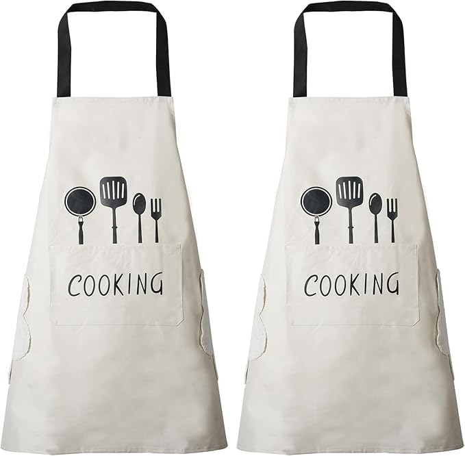 DILLMAN Women Kitchen Apron with Hand Wipe Pockets，Big Pocket,Hand-wiping, Waterproof for Cooking Baking