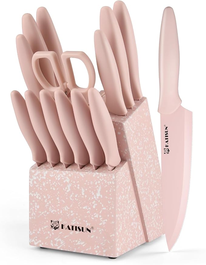 Knife Set, 15 Pieces Knives Sets for Kitchen with Block, Dishwasher Safe Kitchen Knife Set with Built in Sharpener Block, German High Carbon Stainless Steel Knife Block Set with Pink Nonstick Coating by KATISUN