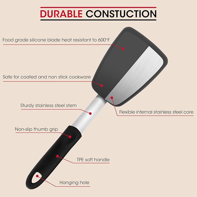 Unicook Flexible Silicone Spatula, 600°F Heat Resistant Silicone Turner for Nonstick Cookware, Essential Kitchen Cooking Utensil, Ideal for Flipping Eggs, Pancake, Burgers, Crepes and More, Medium - Image 6