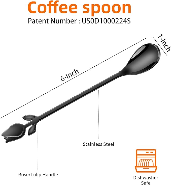 Black Tulip/Rose Handle 12-Pcs Mini Coffee Spoons Set - 6" Stainless Steel for Espresso, Tea, Dessert - Ideal for Demitasse & Small Servings - Image 2