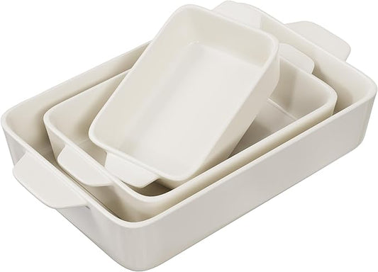 Kook Ceramic Bakeware Set, Rectangular Baking Dishes, For Casseroles, Lasagna, Cake, Small, Medium & Large Pans, Microwave & Dishwasher Safe, Set of 3, (Ivory) by Kook