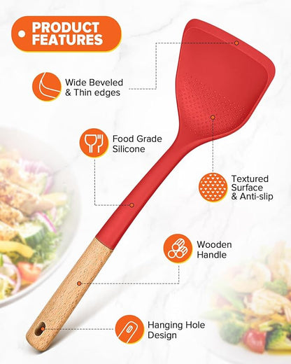 Silicone Cooking Utensils Set, Perfectly Angled for Frying, Mixing,Serving,Draining,Turning and Stirring, BPA-Free Matte Silicone, Wood Handles, Safe for Nonstick Cooking Surfaces,4 Pack (Red) - Image 4
