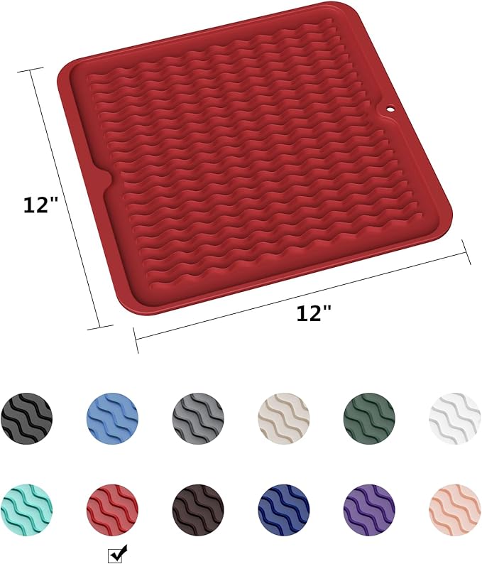 ZLR Silicone Dish Drying Mat 12" x 12" Square - Small Heat Resistant Trivet & Countertop Protector for Air Fryer, Coffee Maker - Waterproof Kitchen Drain Pad for Cups, Fruit (Lava Red) - Image 6