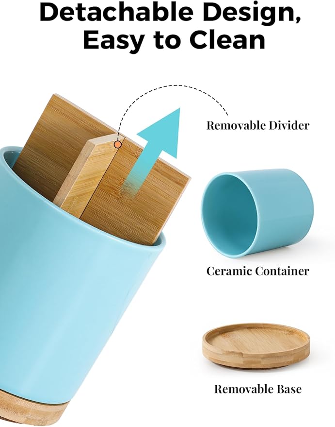 LoeJan 3 Compartment Utensil Holder, Extra Large Utensil Crock, Stable Ceramic Utensil Organizer, Cooking Tool Organizer Set for Kitchen Counter Farmhouse Decor, Turquoise - Image 4