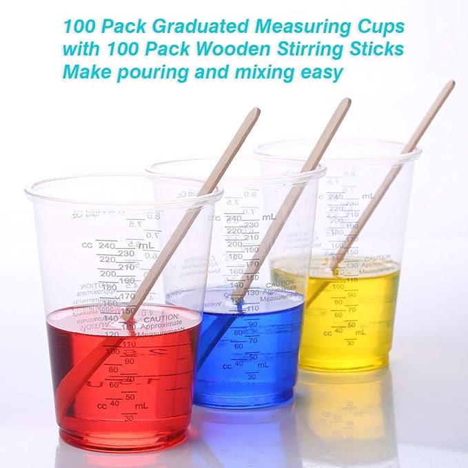 XUXU 100pcs 8oz Graduated Clear Plastic Measuring Cups with 100pcs Wooden Stirring Sticks for Mixing Paint, Pigments, Epoxy Resins, Resins - Image 5