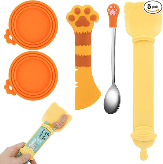 5 PCS Cat Food Can Covers Lids Set, Silicone Pet Food Can Lids with Multi-Function Cat Food Spoon and Opener, Cat Bar Squeezer, Stainless Steel Wet Food Spoon for Cats and Dogs (Pink) (Orange)