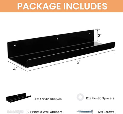 upsimples Acrylic Shelves for Wall Decor, 15" Display Shelf Perfume Organizer for Bathroom, Bedroom, Living Room, Floating Bookshelves for Kids, Black, 4 Pack - Image 3