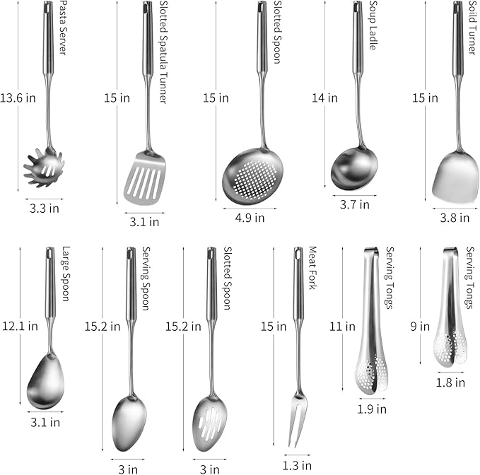 304 Stainlss Steel Kitchen Utensils Set, 11 Pcs Long Metal Cooking Utensil Gadgets Tools Set with Spatula, Ladle, Spoon, Ladle, Skimmer, Tunner, Pasta Server, Tongs(Silver, Dishwasher Safe) - Image 6